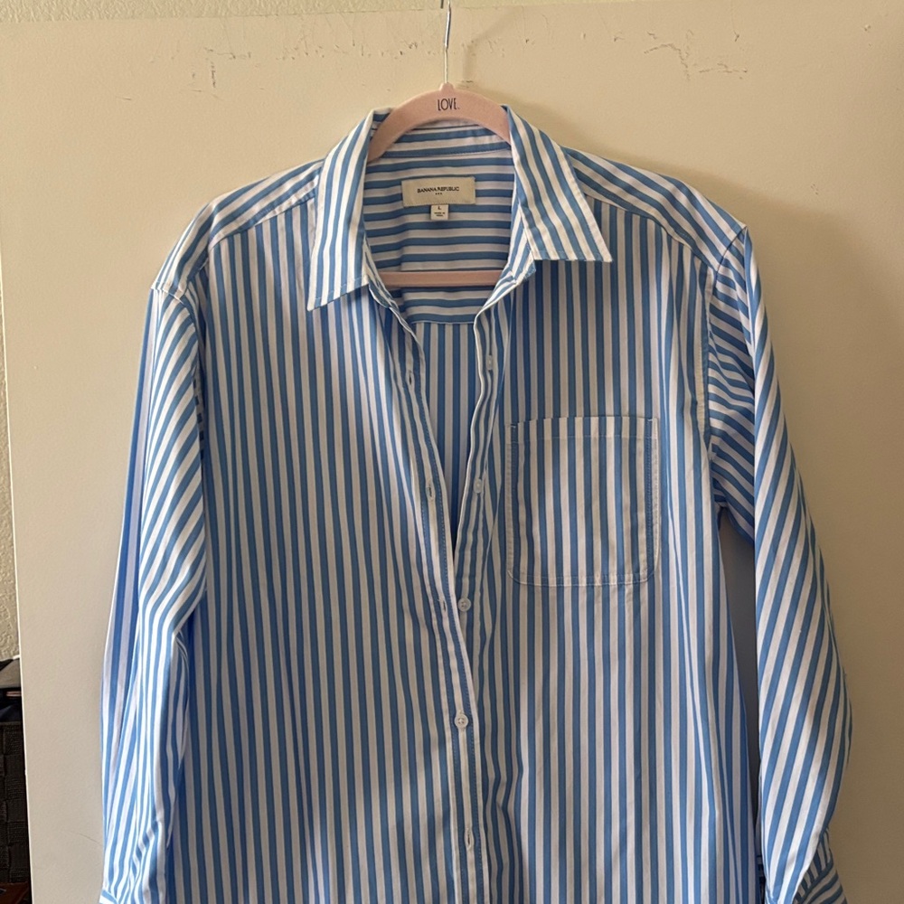 Blue & White Stripe Long Shirt Dress Size L NWOT